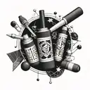 Intricate geometric patterns intertwined with images of pharmaceutical pills and syringes tattoo design idea