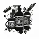 Intricate geometric patterns intertwined with images of pharmaceutical pills and syringes tattoo design idea