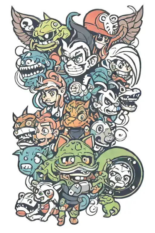 90s and 2000s cartoon and video game characters tattoo design idea