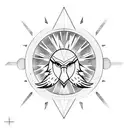 geometric eagle crest above a sun partially eclipsed by a larger and smaller moon tattoo design idea