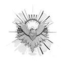 geometric eagle crest above a sun partially eclipsed by a larger and smaller moon tattoo design idea