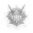 geometric eagle crest above a raging bull head, below a sun partially eclipsed by a larger and smaller moon tattoo design idea