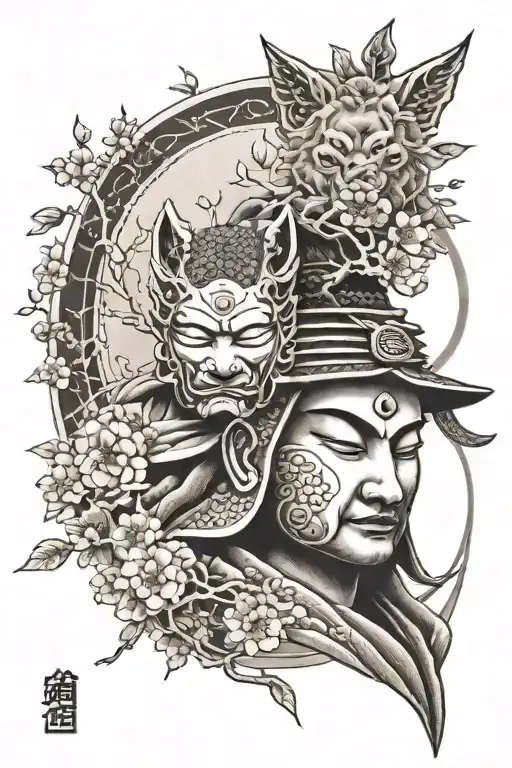 samurai, wolf, buddha, Japanese cherry tree tattoo design idea