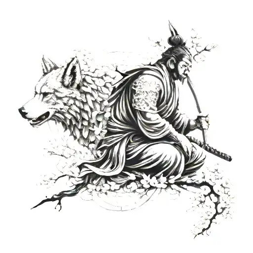 samurai, wolf, buddha, Japanese cherry tree tattoo design idea