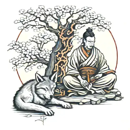 samurai resting, accompanied by a wolf, near a japanese cherry tree with the image of a buddha in the background tattoo design idea