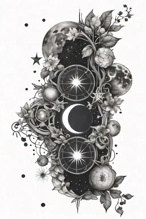 moon phases vertically with a constellation of pices, Capricorn and Sagittarius  tattoo design idea