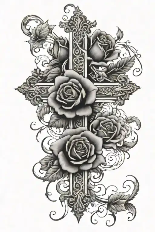 cross with roses and filigrees or ornaments tattoo design idea
