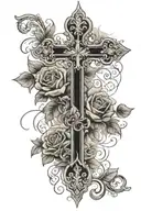 cross with roses and filigrees or ornaments tattoo design idea