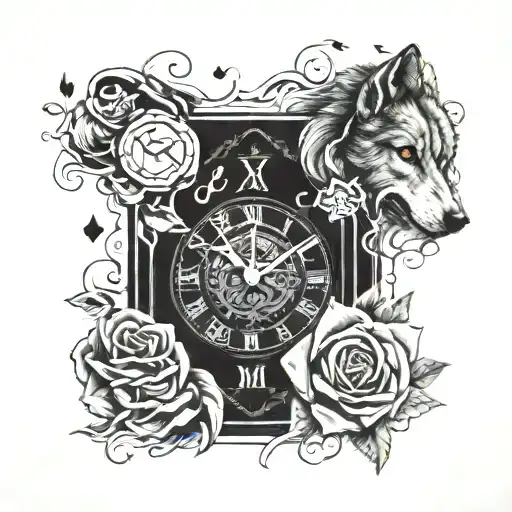 ace card smoke swirling dice rolling wolf print roses clock with roman numerals tattoo design idea