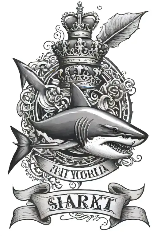 Shark & Crown & text 'Amat Victoria Curam' tattoo design idea