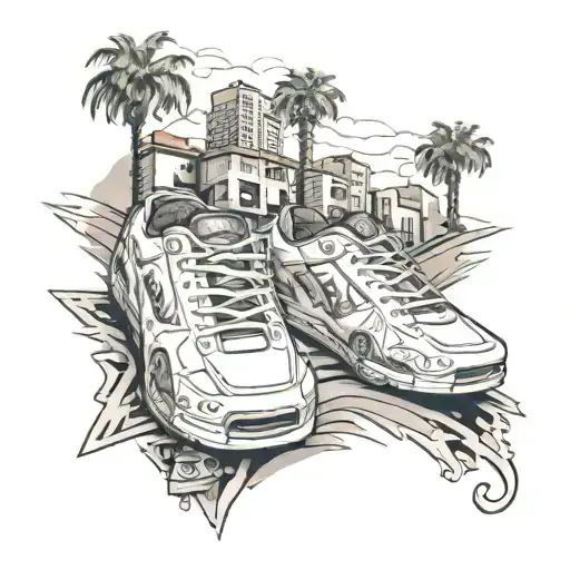 los angeles, inscription hollywood, nissan gtr car, road, sneakers tattoo design idea