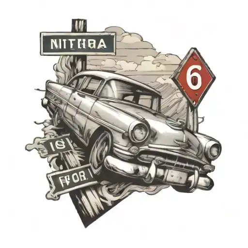 car drives down the road in front of a road sign intertwined tattoo design idea