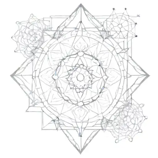 A geometric pattern representing the interconnectedness of chakras and elements of nature tattoo design idea