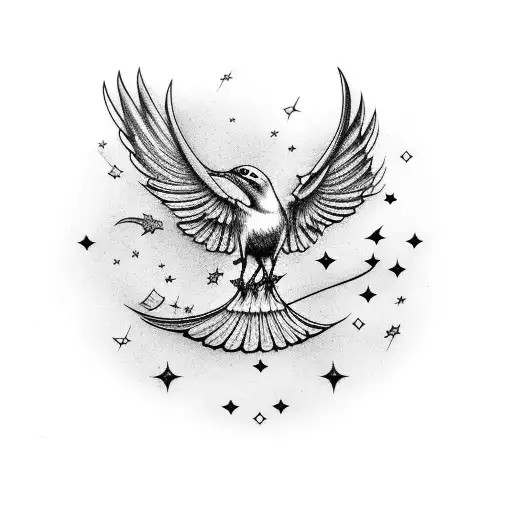 mockingbird flying in the stars cancer horoscope initials HBA tattoo design idea