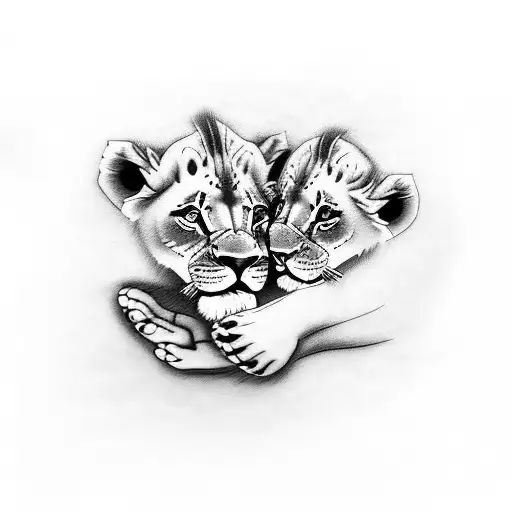 A lion cub nuzzling against a father's hand tattoo design idea