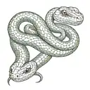 two snakes coiled and intertinwed spinning once around the arm tail on bottom face on top biting  tattoo design idea