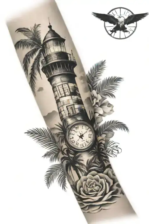 lighthouse and palm tree forearm sleeve with clock, compass, and rose shoulder sleeve tattoo design idea