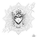 A unique fusion design combining elements of manga art with the vegvizir symbol, featuring a dancer in a dynamic pose tattoo design idea