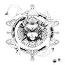 A unique fusion design combining elements of manga art with the vegvizir symbol, featuring a dancer in a dynamic pose tattoo design idea