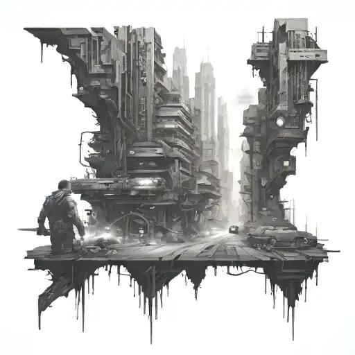 A cyberpunk cityscape with hidden demonic figures lurking in the shadows tattoo design idea