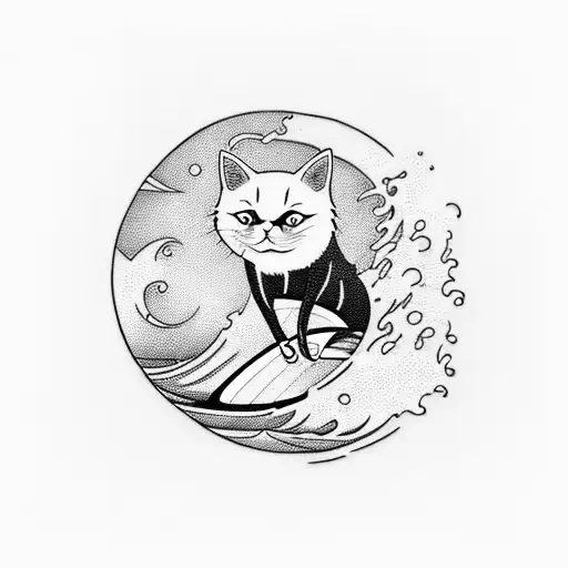A blackwork tattoo of a surfing cat riding a wave tattoo design idea