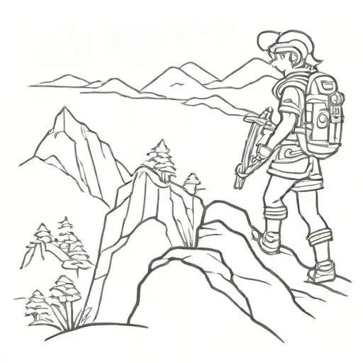 A minimalist silhouette of Link from Zelda hiking up a mountain trail tattoo design idea