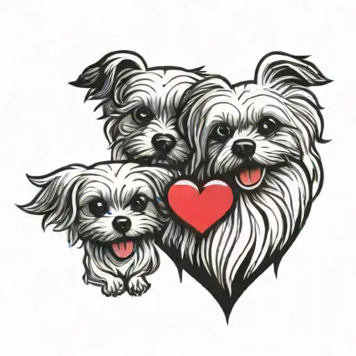 two maltese dogs, black and white, smiling sun surrounded by a red heart tattoo design idea