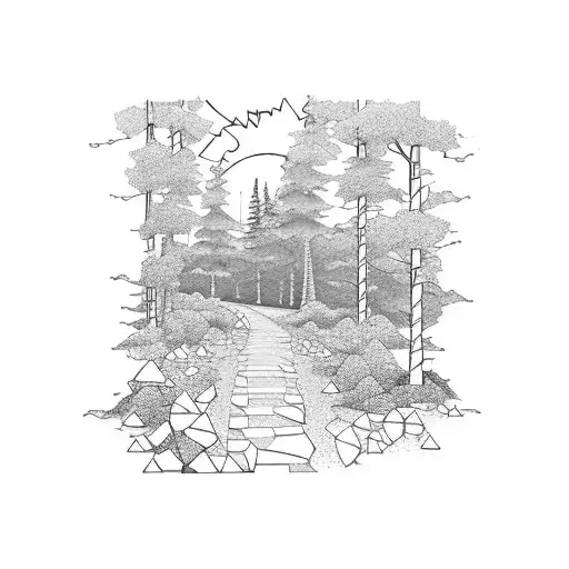 An engineer's blueprint of a hiking trail in Ireland, surrounded by lush nature tattoo design idea