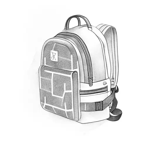 A black and grey tattoo of a traveler's backpack adorned with symbols representing the client's favorite destinations tattoo design idea