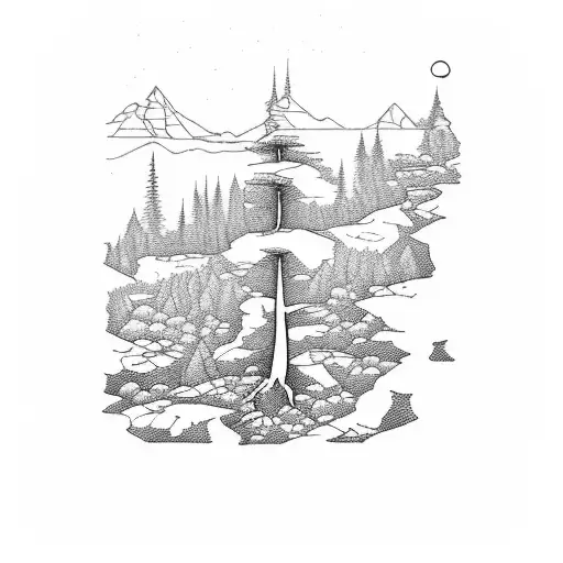An engineer's blueprint of a hiking trail in Ireland, surrounded by lush nature tattoo design idea