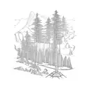 An engineer's blueprint of a hiking trail in Ireland, surrounded by lush nature tattoo design idea