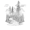 An engineer's blueprint of a hiking trail in Ireland, surrounded by lush nature tattoo design idea