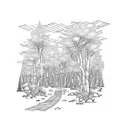 An engineer's blueprint of a hiking trail in Ireland, surrounded by lush nature tattoo design idea