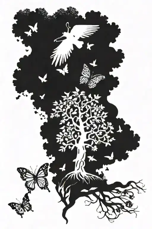 A beautiful tree of life design incorporating elements of Kansas scenery, with butterflies and feathers fluttering around it, symbolizing growth and transformation tattoo design idea