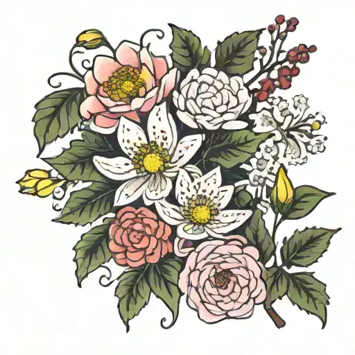 chrysanthemum, holly berry, water lilt, larkspun, poppy, lilly of the valley, snowdrop, carnation, honeysuckle tattoo design idea