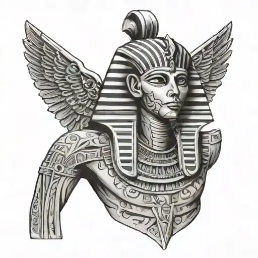 Egyptian, A vertically positioned sarcophagus in the upper center, adorned with intricate hieroglyphs. A mummy partially tattoo design idea