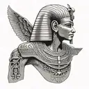 Egyptian, A vertically positioned sarcophagus in the upper center, adorned with intricate hieroglyphs. A mummy partially tattoo design idea