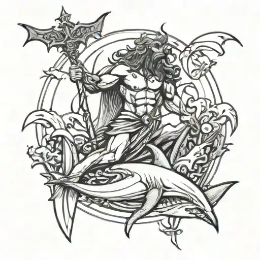 Poseidon hold his trident with sharks with Gothic bats in the air tattoo design idea