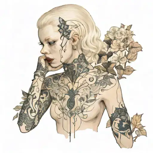 albino girl in sheer clothes with designs tattoo design idea