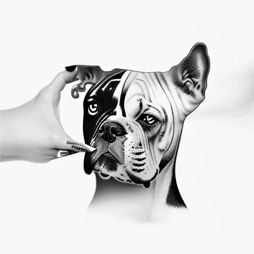 A surreal tattoo of a woman's face morphing into an American bulldog, with smoke billowing around them, in a sketch style tattoo design idea