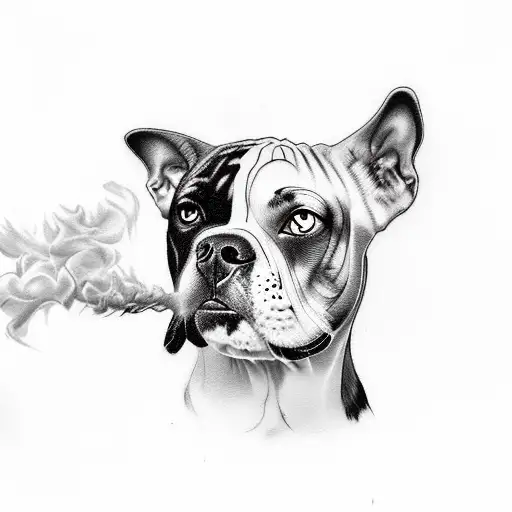 A surreal tattoo of a woman's face morphing into an American bulldog, with smoke billowing around them, in a sketch style tattoo design idea