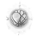 A silhouette of Stephen Curry shooting a basketball against a backdrop of musical notes, representing the client's favorite things combined. tattoo design idea