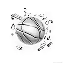 A silhouette of Stephen Curry shooting a basketball against a backdrop of musical notes, representing the client's favorite things combined. tattoo design idea