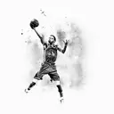 A silhouette of Stephen Curry shooting a basketball against a backdrop of musical notes, representing the client's favorite things combined. tattoo design idea