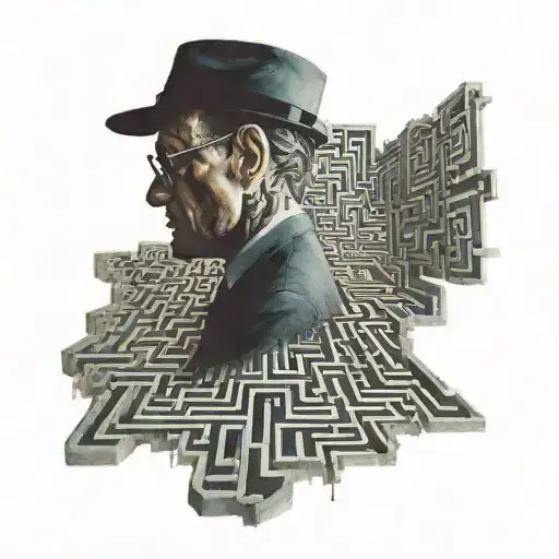 A surreal painting of a fraud investigator navigating through a maze of deception, with hidden symbols representing the complexities of their job tattoo design idea
