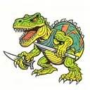 Trex cartoon funny with two katanas in both hands holding tattoo design idea