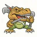 Trex cartoon funny with two katanas in both hands holding tattoo design idea