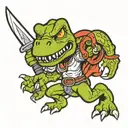 Trex cartoon funny with two katanas in both hands holding tattoo design idea
