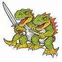 Trex cartoon funny with two katanas in both hands holding tattoo design idea