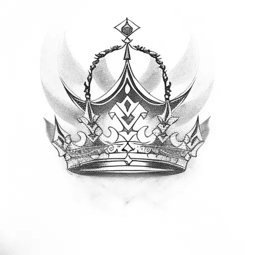 queen's crown with surrounded by swords and red roses and green vines  tattoo design idea